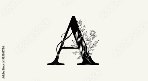 A sophisticated black capital letter A elegantly intertwined with delicate white botanical leaves and blossoms, creating a timeless and artistic monogram design.
