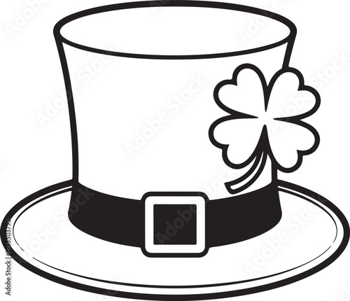 A black and white outline drawing of a traditional tall hat with a lucky three leaf clover