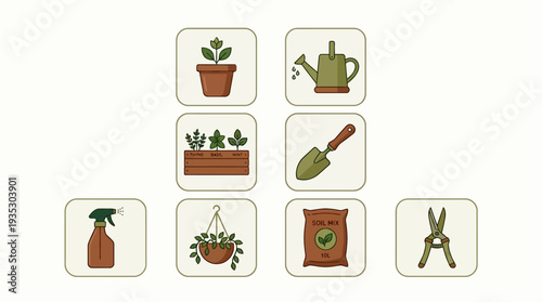 Gardening Essentials Icon Set Vector – Illustrations of Potted Plant, Watering Can, Planter Box, Trowel, Spray Bottle, Hanging Plant, Soil Bag, Shears for Creative Projects