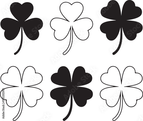 A collection of six various black and white shamrock and lucky four leaf clover designs