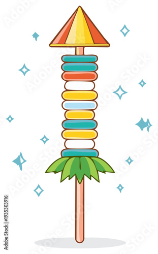 Whimsical Beach Tree with Colorful Rings Cartoon Illustration Sparkling Festive Decoration