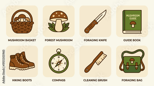 Mushroom Foraging Essentials Icon Set Vector – Illustrations of Basket, Forest Mushrooms, Knife, Guide Book, Boots, Compass, Brush, Bag for Nature and Educational Projects