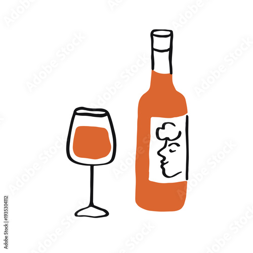 Wine bottle and glass goblet in doodle sketch scribble style. Alcohol beverag...