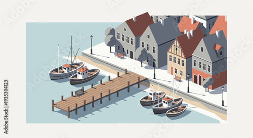 Illustration of boats docked near a wooden pier beside a quaint coastal village with pastel colored buildings in an isometric style.