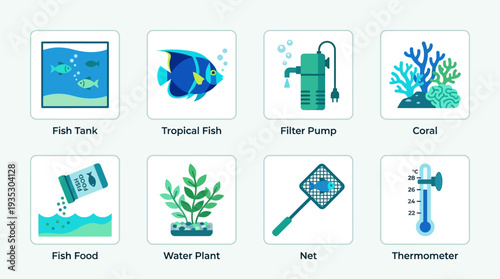 Aquarium Essentials Icon Set Vector – Illustrations of Fish Tank, Tropical Fish, Filter Pump, Coral, Food, Plants, Net, Thermometer for Creative and Educational Projects