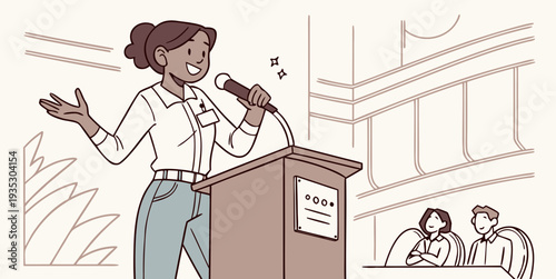 Smiling young woman delivering a public speech from a wooden lectern with a microphone