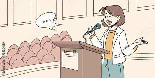 Smiling young woman delivering a public speech from a wooden lectern with a microphone