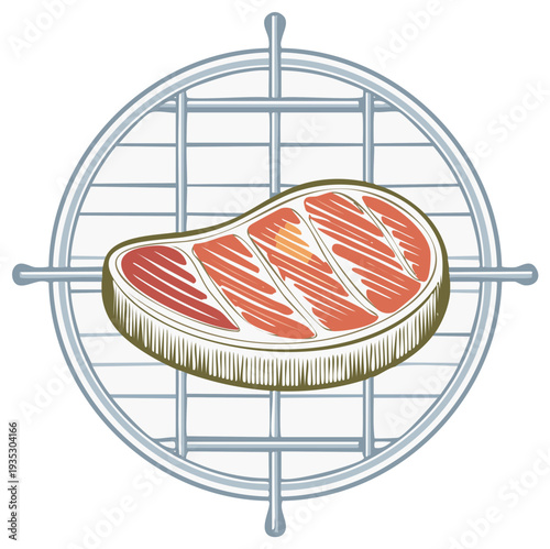 Grilling steak drawing illustration on BBQ grill, prepared barbecue meat.