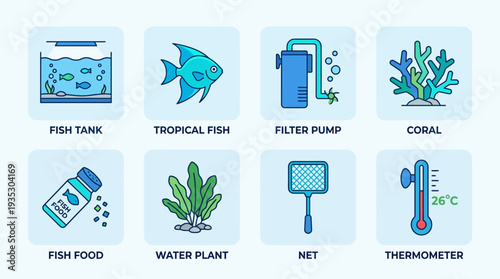 Aquarium Essentials Icon Set Vector – Illustrations of Fish Tank, Tropical Fish, Filter Pump, Coral, Food, Plants, Net, Thermometer for Creative and Educational Projects