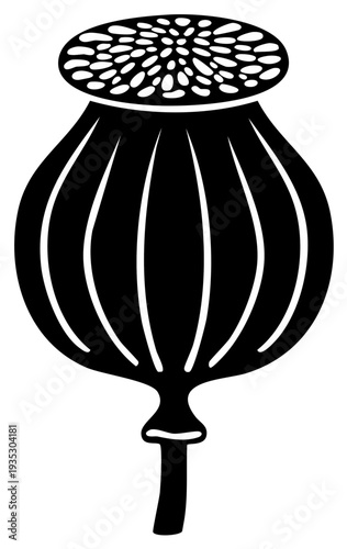 Stylized black silhouette of a dried poppy seed head on a stem against a white background