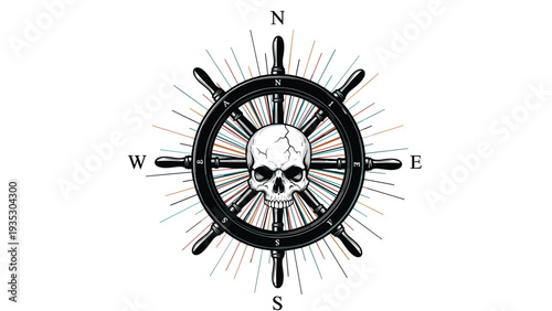 Pirate themed illustration features a human skull centered on a wooden ship wheel with compass points and colorful light rays in the background.