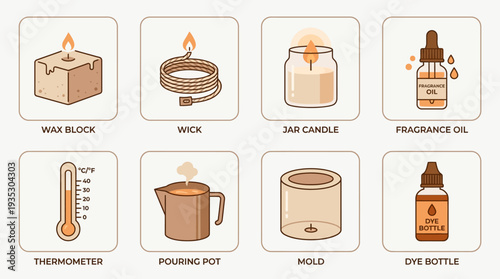 Candle Making Essentials Icon Set Vector – DIY Craft Illustrations of Wax, Wick, Jar, Fragrance Oil, Thermometer, Pouring Pot, Mold, and Dye Bottle