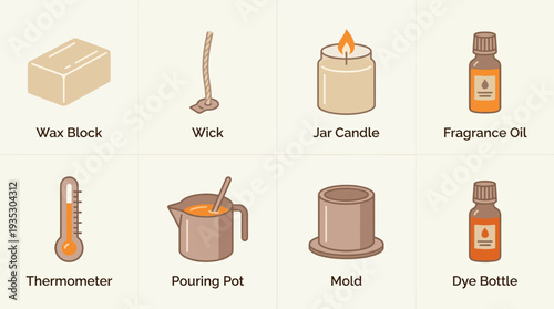 Candle Making Essentials Icon Set Vector – DIY Craft Illustrations of Wax, Wick, Jar, Fragrance Oil, Thermometer, Pouring Pot, Mold, and Dye Bottle