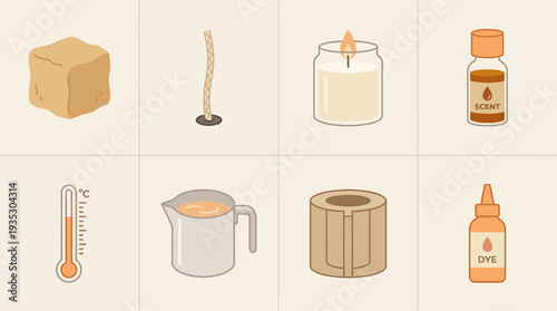 Candle Making Essentials Icon Set Vector – DIY Craft Illustrations of Wax, Wick, Jar, Fragrance Oil, Thermometer, Pouring Pot, Mold, and Dye Bottle