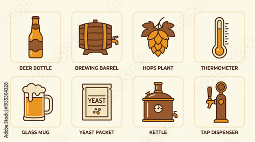 Beer Brewing Process Icon Set Vector – Cartoon Style Illustrations of Bottle, Barrel, Hops, Yeast, Kettle, Tap, Mug, and Brewing Equipment for Creative Projects