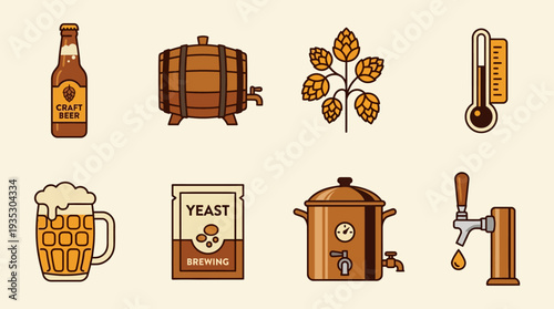 Beer Brewing Process Icon Set Vector – Cartoon Style Illustrations of Bottle, Barrel, Hops, Yeast, Kettle, Tap, Mug, and Brewing Equipment for Creative Projects