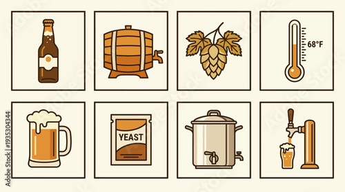Beer Brewing Process Icon Set Vector – Cartoon Style Illustrations of Bottle, Barrel, Hops, Yeast, Kettle, Tap, Mug, and Brewing Equipment for Creative Projects
