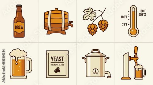 Beer Brewing Process Icon Set Vector – Cartoon Style Illustrations of Bottle, Barrel, Hops, Yeast, Kettle, Tap, Mug, and Brewing Equipment for Creative Projects