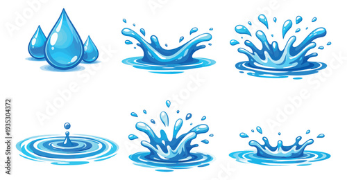 Cartoon style water splash and drop set featuring various liquid effects for refreshment designs