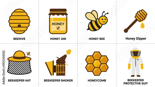 Beekeeping and Honey Production Icon Set Vector – Cartoon Style Illustrations of Bee, Hive, Tools, Honeycomb, Protective Gear for Educational and Creative Projects