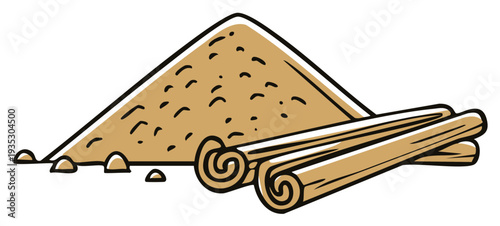 Pile of brown sugar and cinnamon sticks illustration