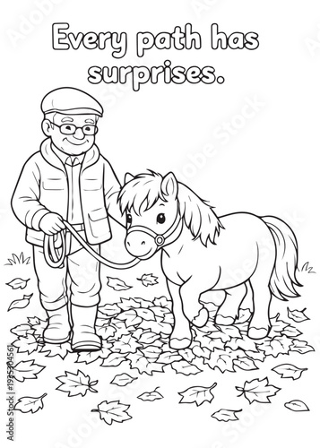 coloring book grandpa resting under a tree with his pony, enjoying a quiet gentle moment