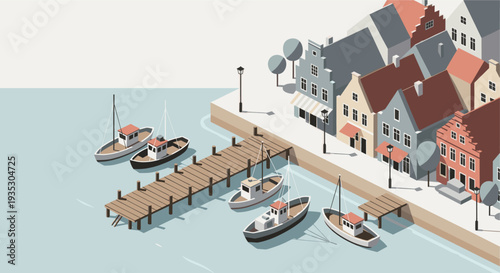 An isometric view shows fishing boats mooring at a wooden dock in a stylized coastal town, with quaint buildings and a serene, vintage atmosphere.