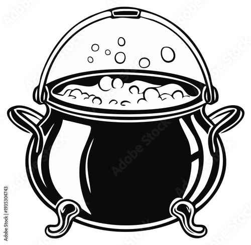 Black and white cauldron with potion brewing and bubbles illustration
