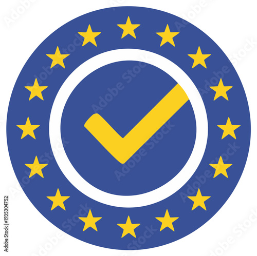 Blue and Yellow European Union Star Circle with Yellow Checkmark Sign Inside, Represents Achievement.