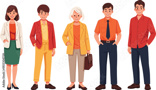Five cartoon people in business casual clothing standing smiling