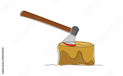 Continuous line sketch drawing Hatchet in a tree stump. A tree stump with an axe stuck. Forest, camping concept. Axe in stuck at stump vector illustration single one editable stroke