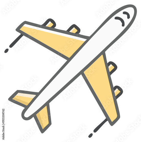 Cartoon passenger airplane flying with yellow wings on white, vector art illustration