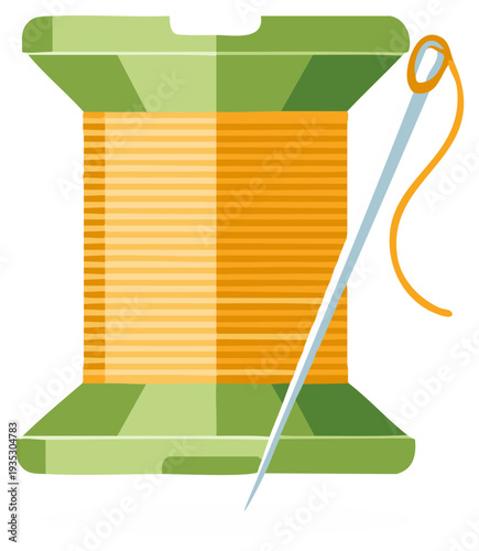 Illustration of a Green Spool of Orange Thread with a Silver Needle Ready for Sewing Projects and Crafts