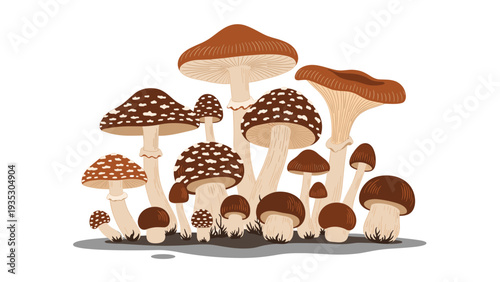 Large group of brown forest mushrooms with different shapes and patterns are gathered together to showcase the variety of woodland fungi.