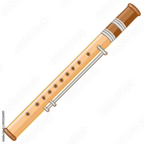 Detailed Illustration of a Transverse Flute Woodwind Instrument with Finger Holes and Metal Keywork for Making Music