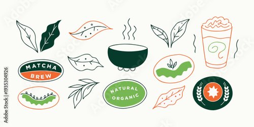 Kawaii Matcha Drinks and Desserts Collection with Cute Faces illustration