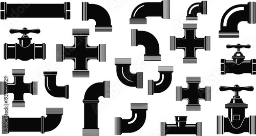 Industrial plumbing vector icons set featuring various pipe fittings, joints, valves, elbows, and connectors for construction and home repair services.Industrial pl