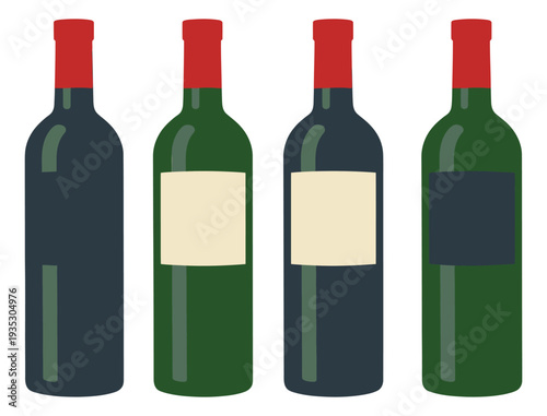 Flat design wine bottle set featuring different colored labels for beverage branding