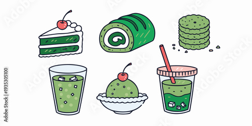 Kawaii Matcha Drinks and Desserts Collection with Cute Faces illustration