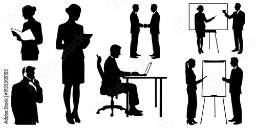 Set of business and office silhouettes, including businessmen and businesswomen working, presentation, meeting, handshake, customer service, and corporate teamwork isolated