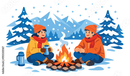Flat style illustration of two people depicting a campfire scene for a winter adventure