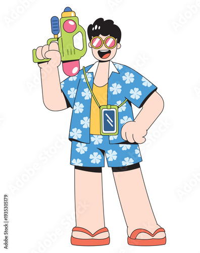 Young Man With Water Gun and Waterproof Phone Pouch – Songkran Festival Cartoon Illustration
