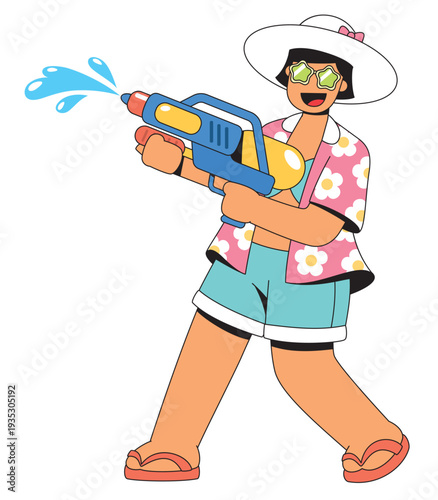 Young Woman Playing Water Gun During Songkran Festival – Summer Party Cartoon Illustration