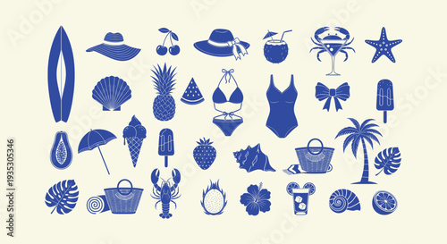 Detailed Summer Holiday Beach Vacation Tropical Travel Essentials Vector Icon Collection