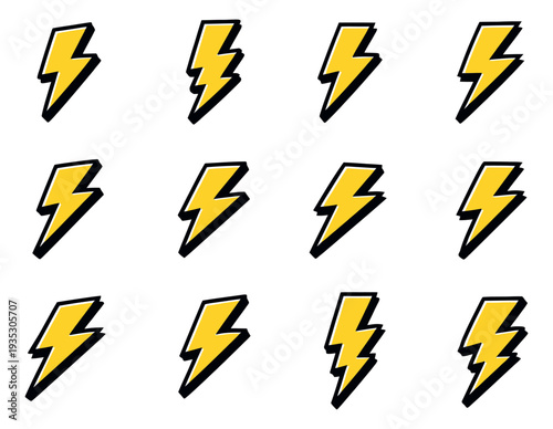 Pop art graphic lightning bolt set featuring yellow thunder flashes for energy alerts and dynamic design