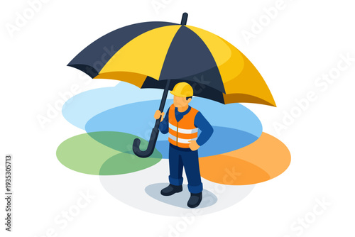 Construction worker holding umbrella for protection and safety.