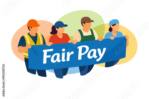 Diverse construction workers hold a banner demanding fair pay.