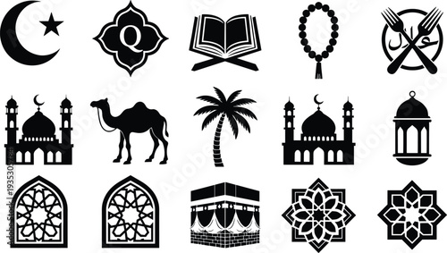 Islamic religious icon set, Ramadan Kareem silhouette symbols, mosque architecture vector, Quran book, crescent moon star, camel, lantern, halal food.