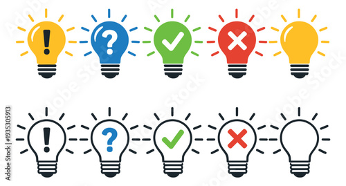 Modern icon and line art light bulb set featuring idea and decision making symbols for concept illustration