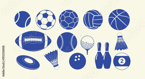 Diverse Sports Equipment Vector Icon Set Collection Athletic Balls Games Gear Design